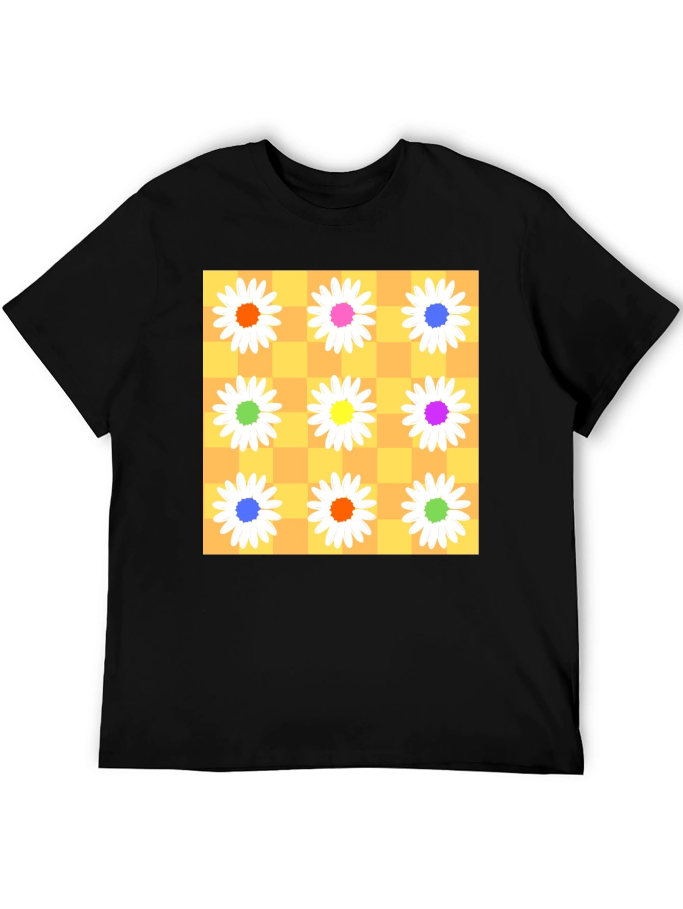 Floral Checkerboard Graphic Tee - Vibrant Daisy Design