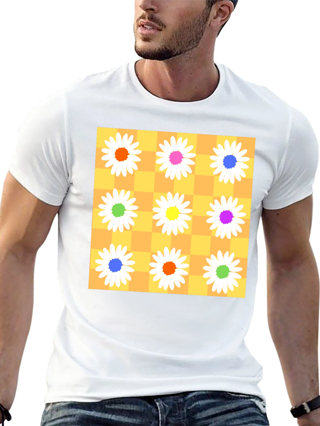 Floral Checkerboard Graphic Tee - Vibrant Daisy Design