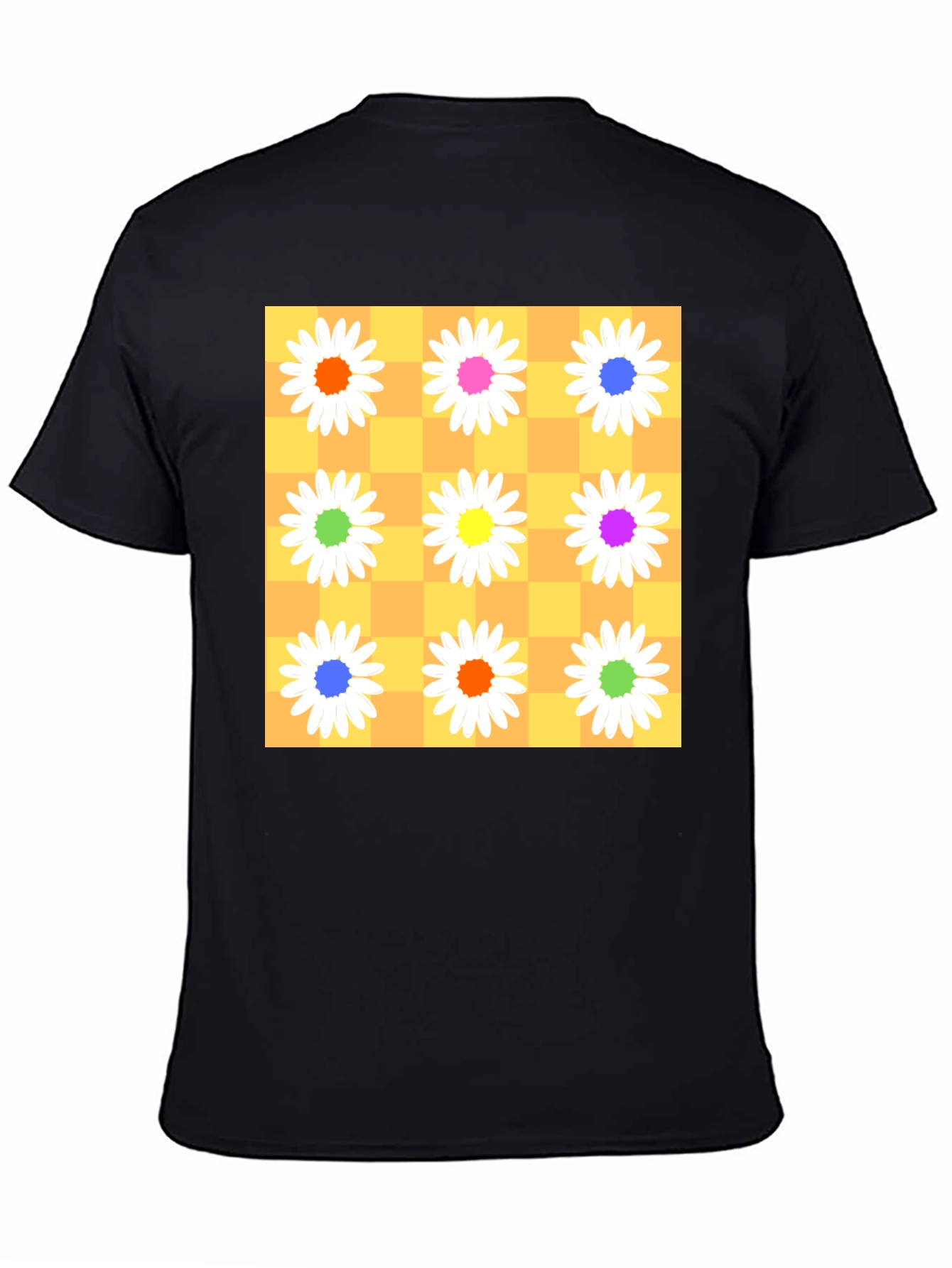 Floral Checkerboard Graphic Tee - Vibrant Daisy Design