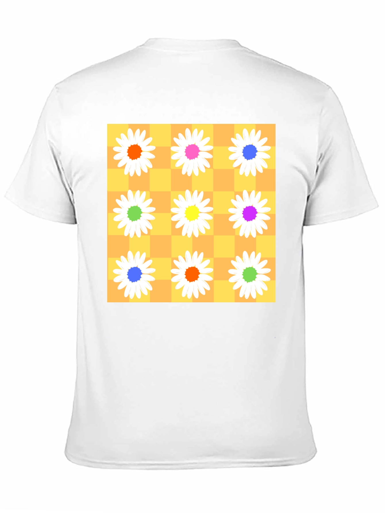 Floral Checkerboard Graphic Tee - Vibrant Daisy Design