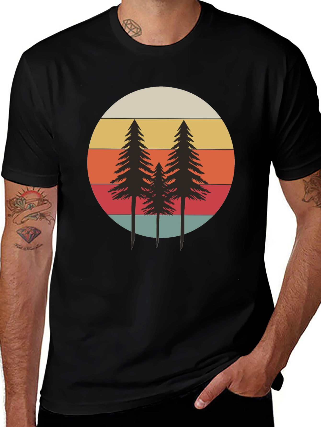 Retro Sunset Pine Tree Graphic Tee - Black