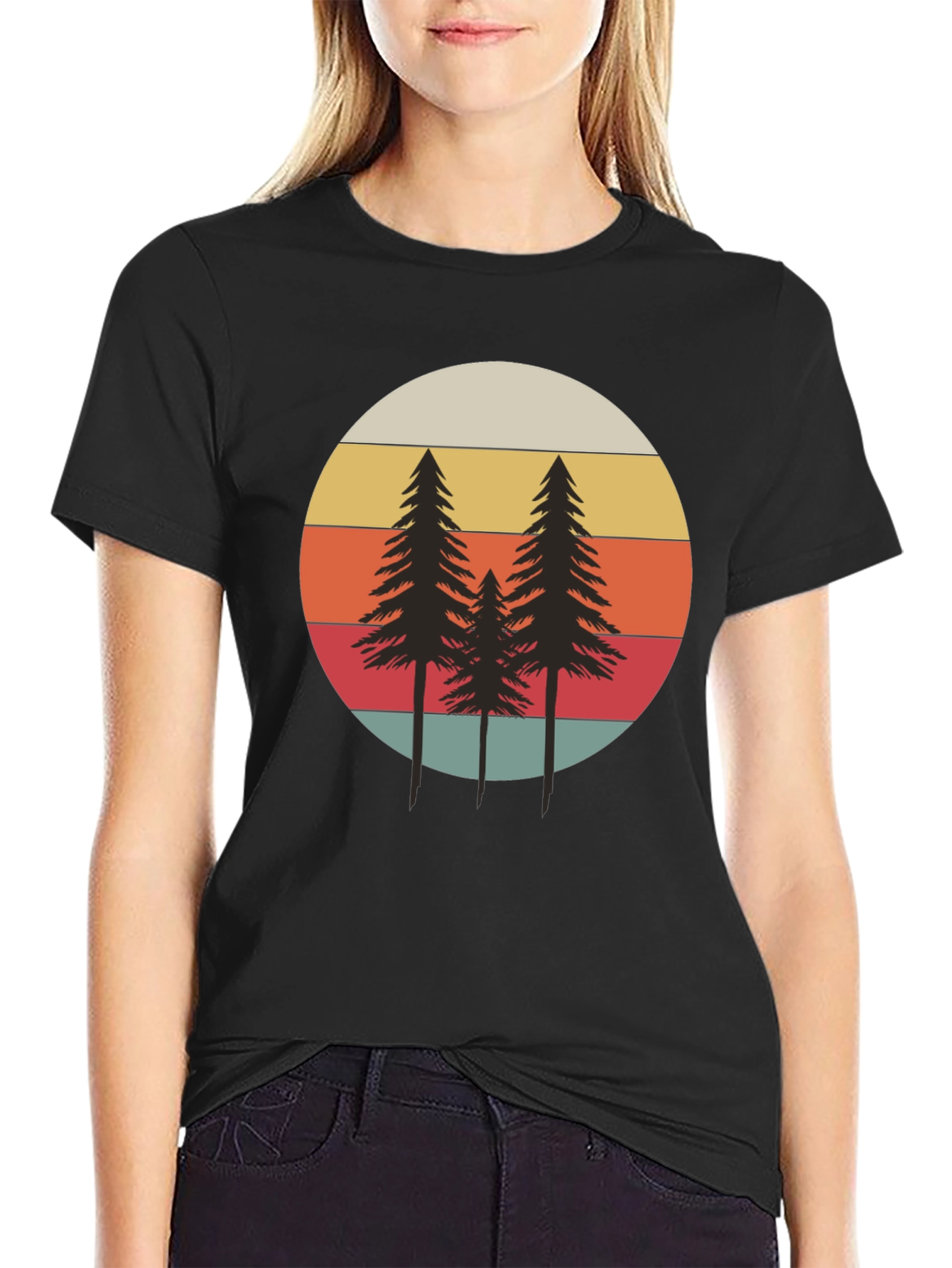 Retro Sunset Pine Tree Graphic Tee - Black