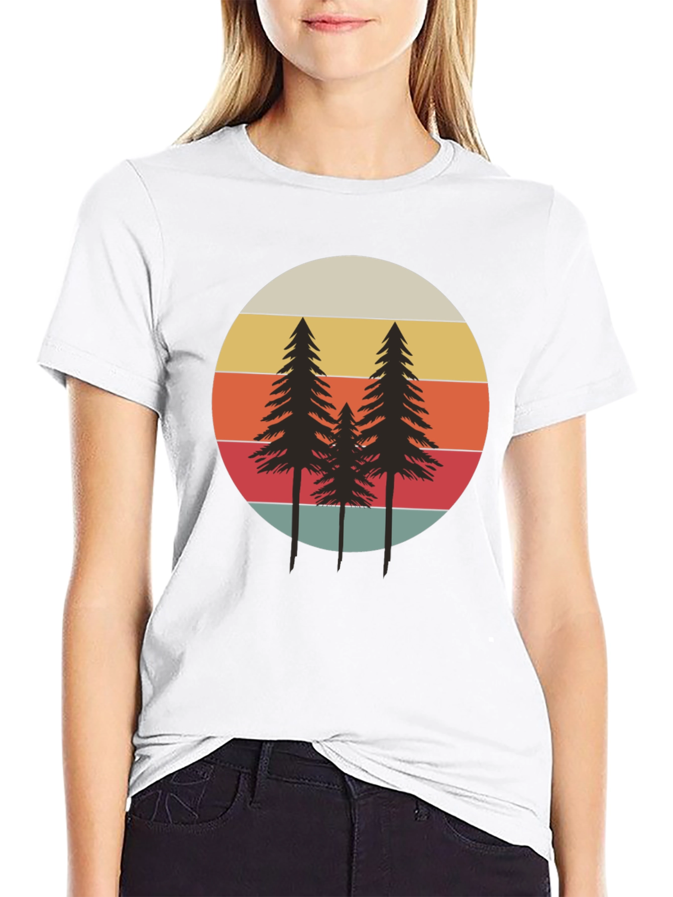 Retro Sunset Pine Tree Graphic Tee - Black