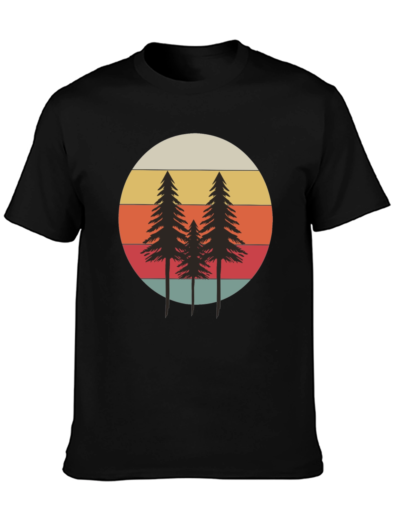 Retro Sunset Pine Tree Graphic Tee - Black