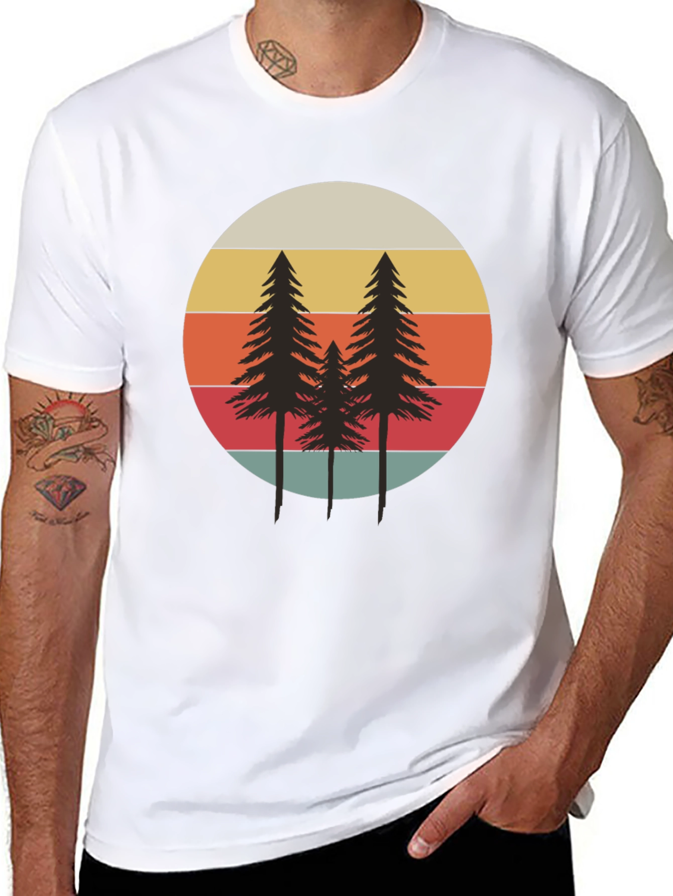 Retro Sunset Pine Tree Graphic Tee - Black