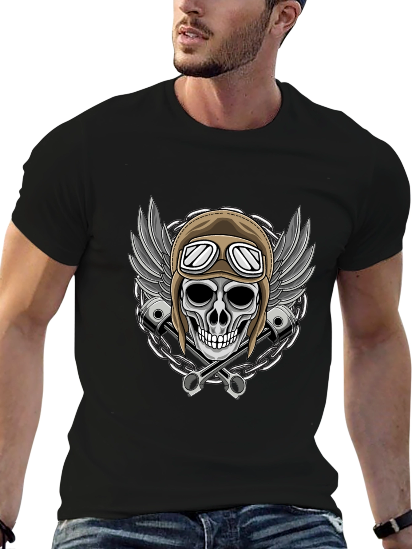 Skull Rider Tee: Wings Pistons & Chain Design