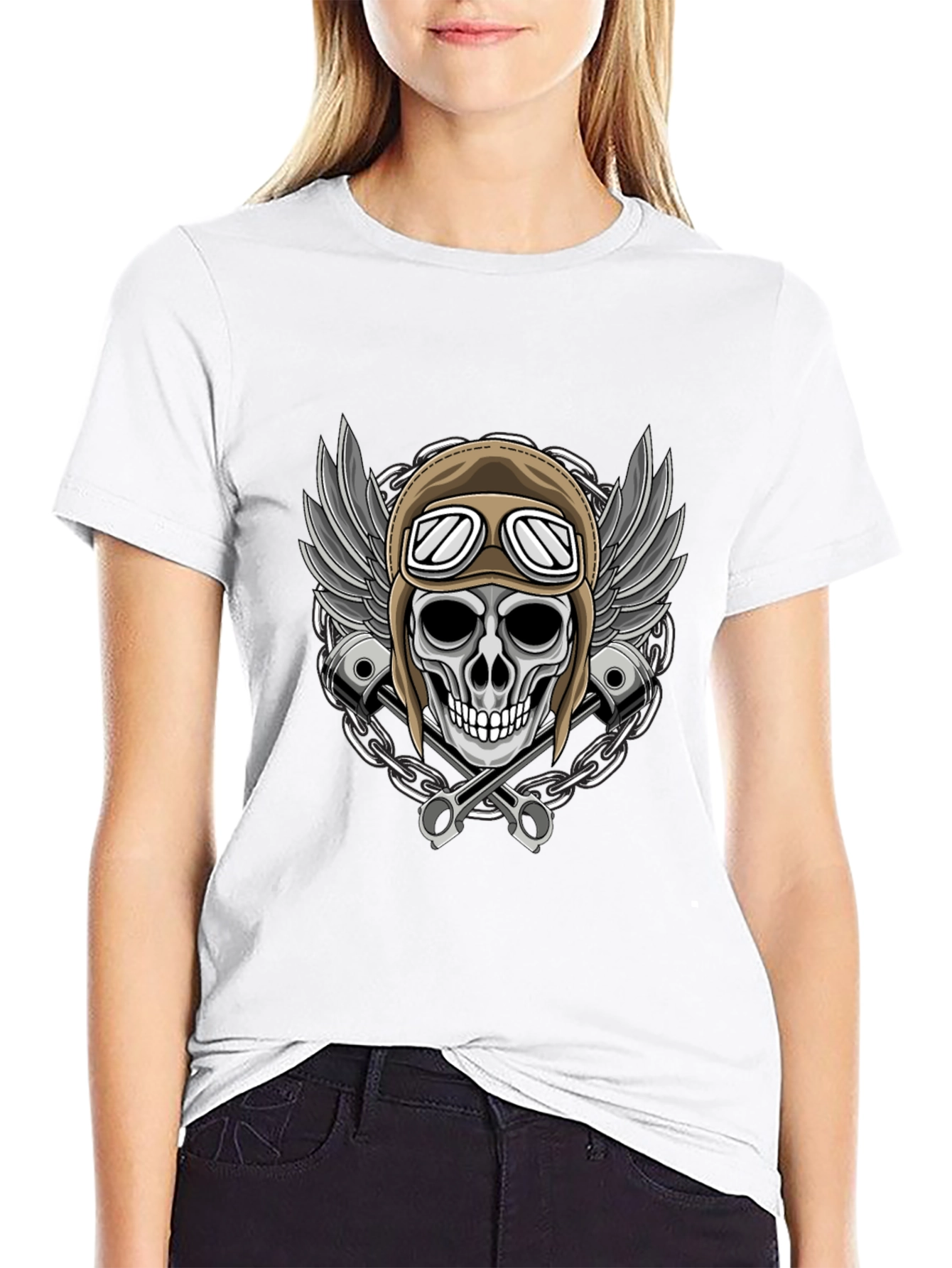 Skull Rider Tee: Wings Pistons & Chain Design