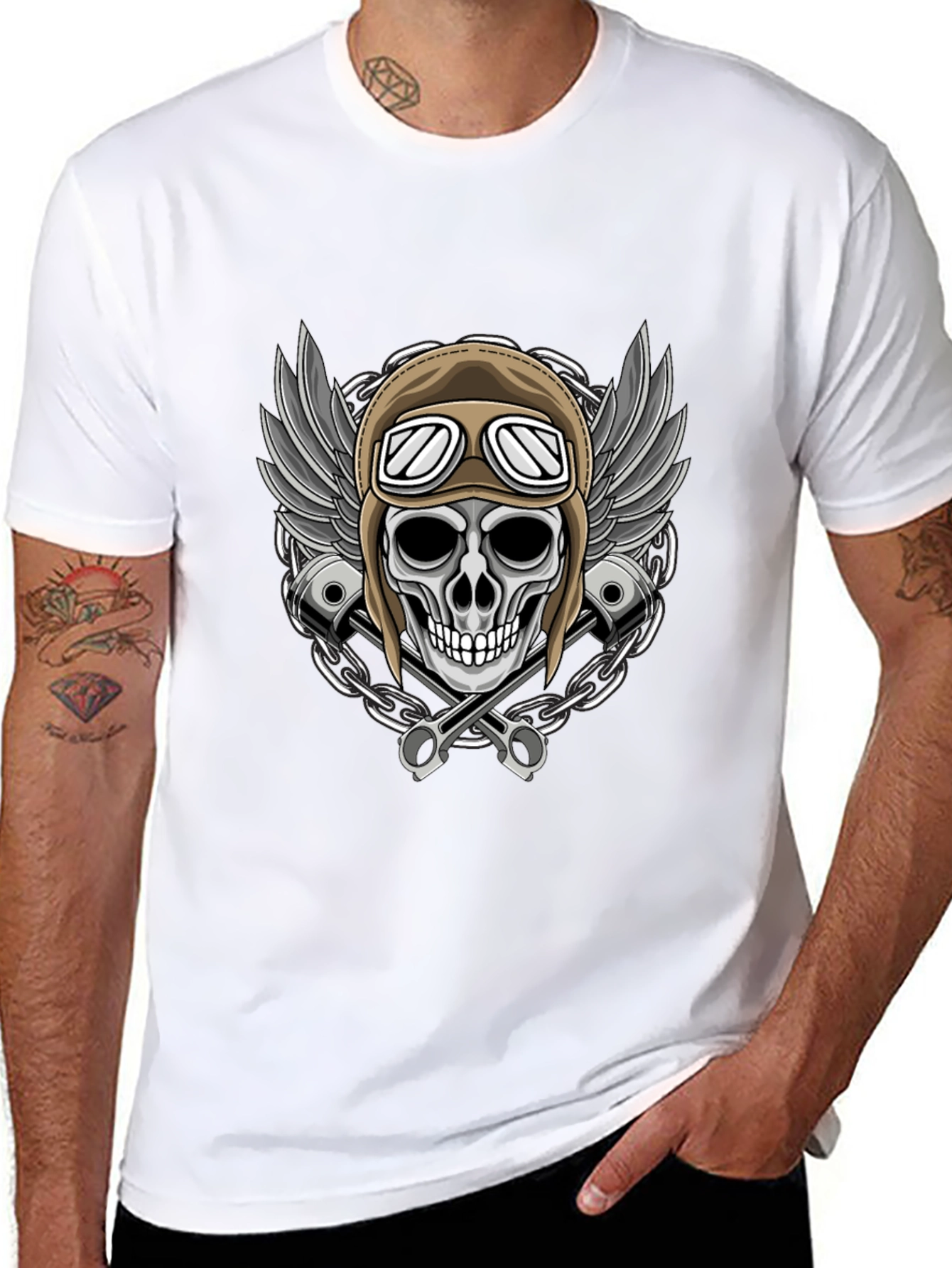 Skull Rider Tee: Wings Pistons & Chain Design