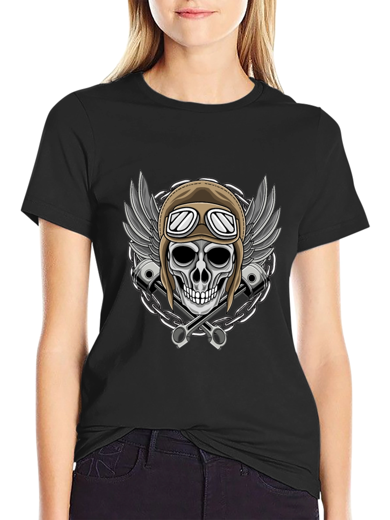 Skull Rider Tee: Wings Pistons & Chain Design