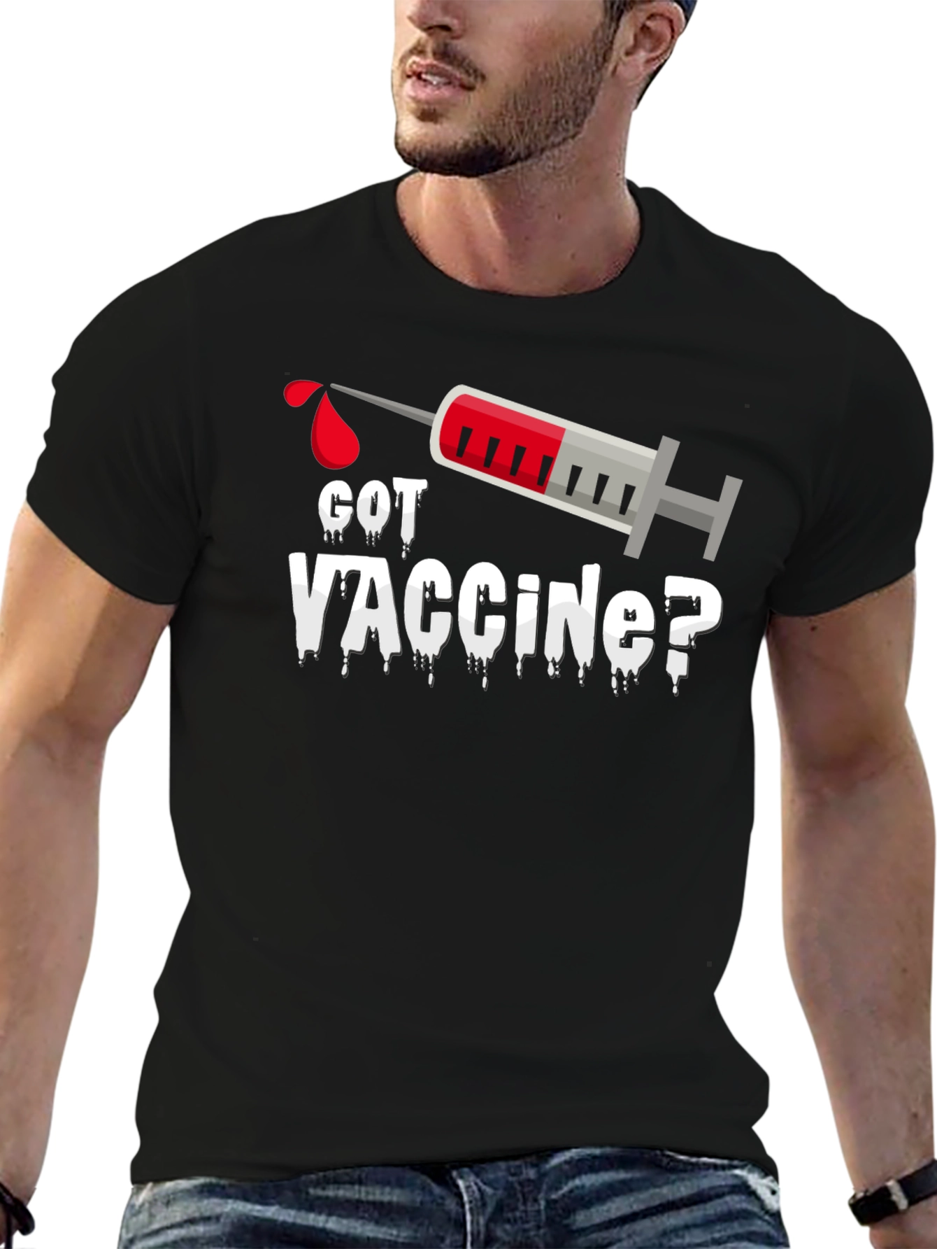 Got Vaccine? Black T-Shirt with Syringe Design