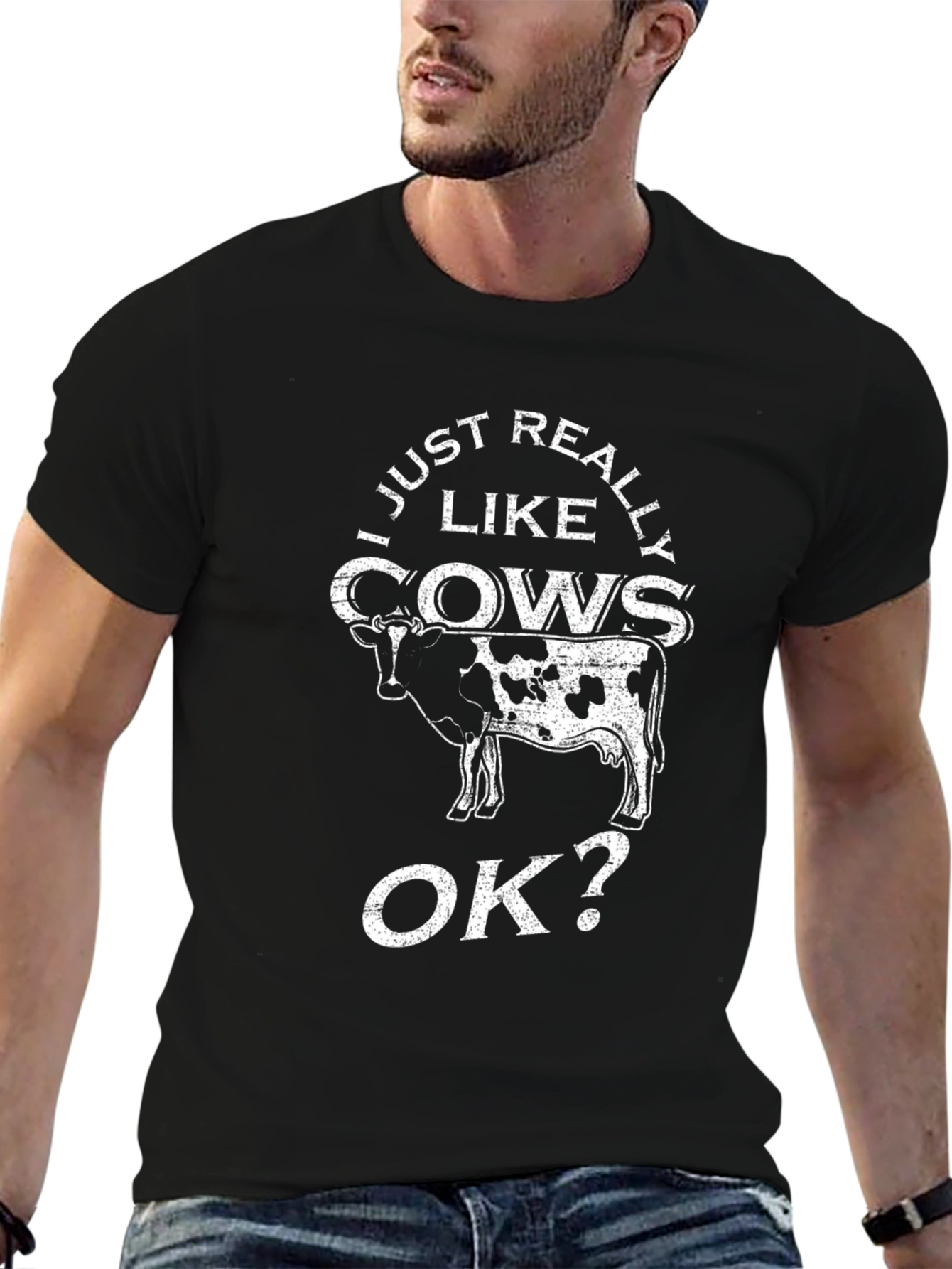 I Just Really Like Cows OK? Black Graphic T-Shirt