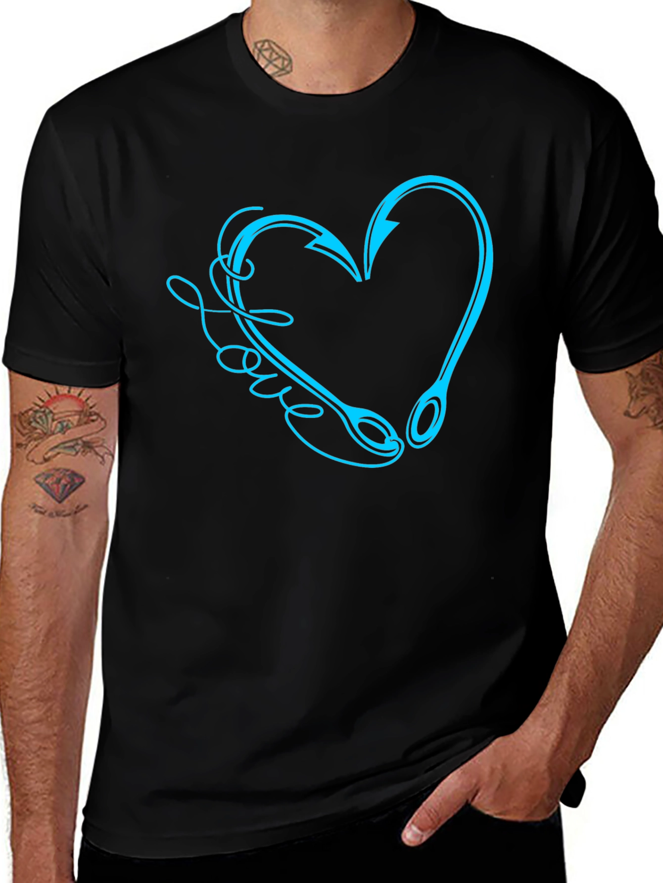 Fishing Love Heart Hook Graphic Tee - Black