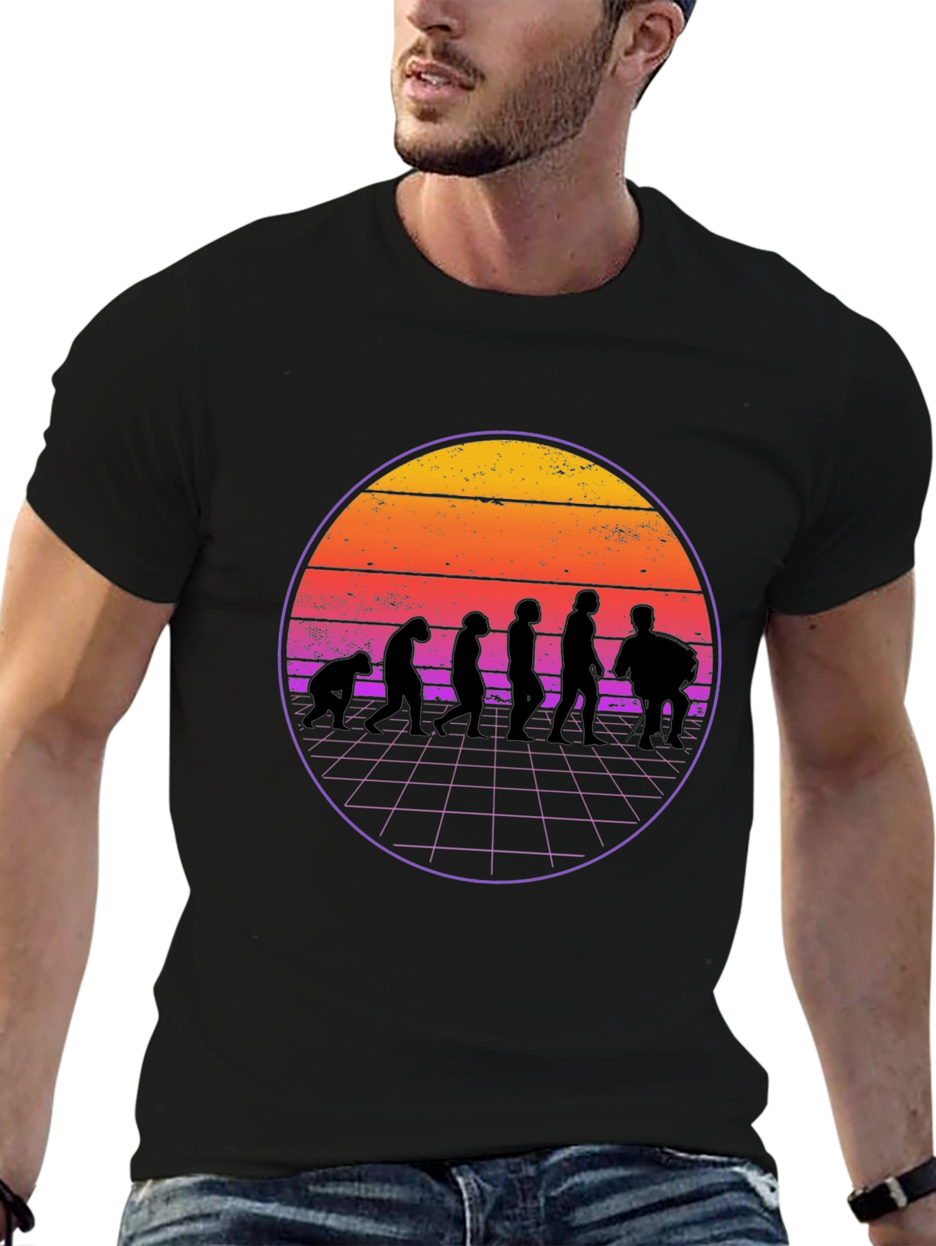 Retro Evolution T-Shirt - Mens Black Crew Neck Tee