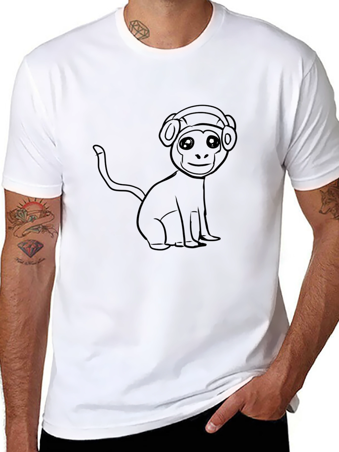 Monkey DJ Graphic Tee - Black Cotton Casual