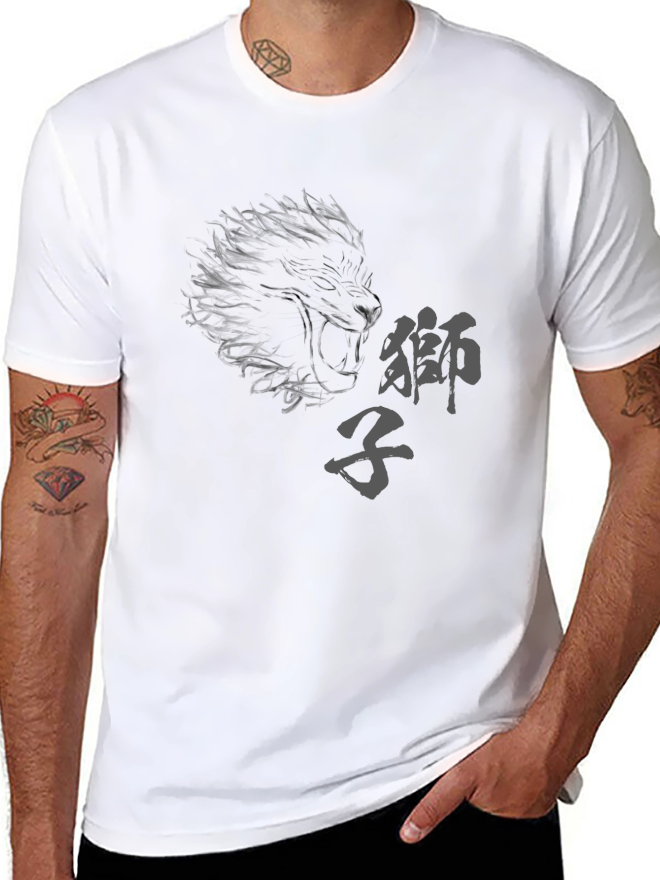 Mens Black Graphic Tee - Lion Design
