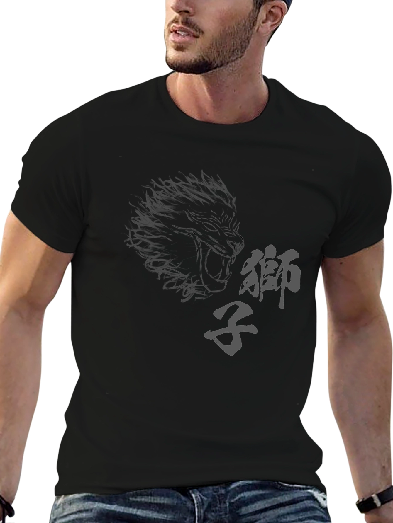 Mens Black Graphic Tee - Lion Design