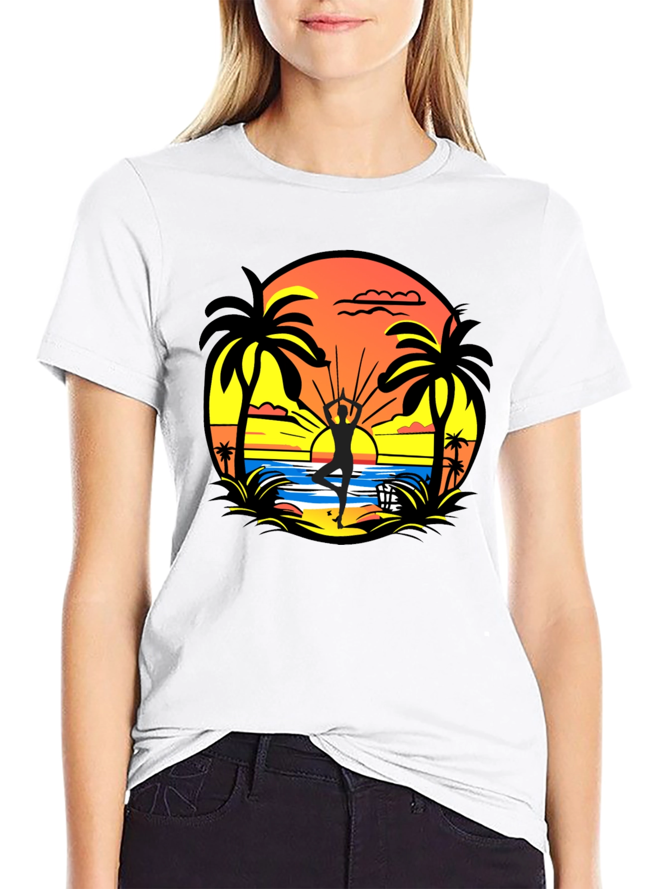 Sunset Beach Yoga Black T-Shirt