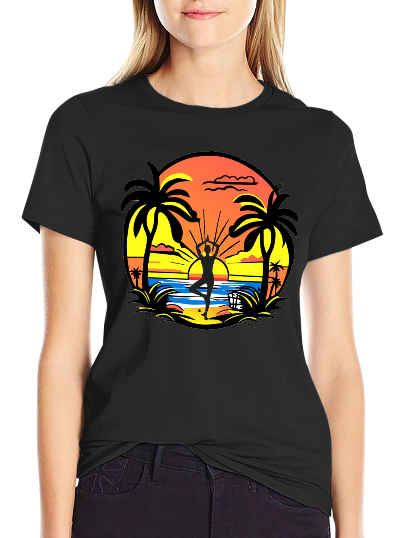 Sunset Beach Yoga Black T-Shirt