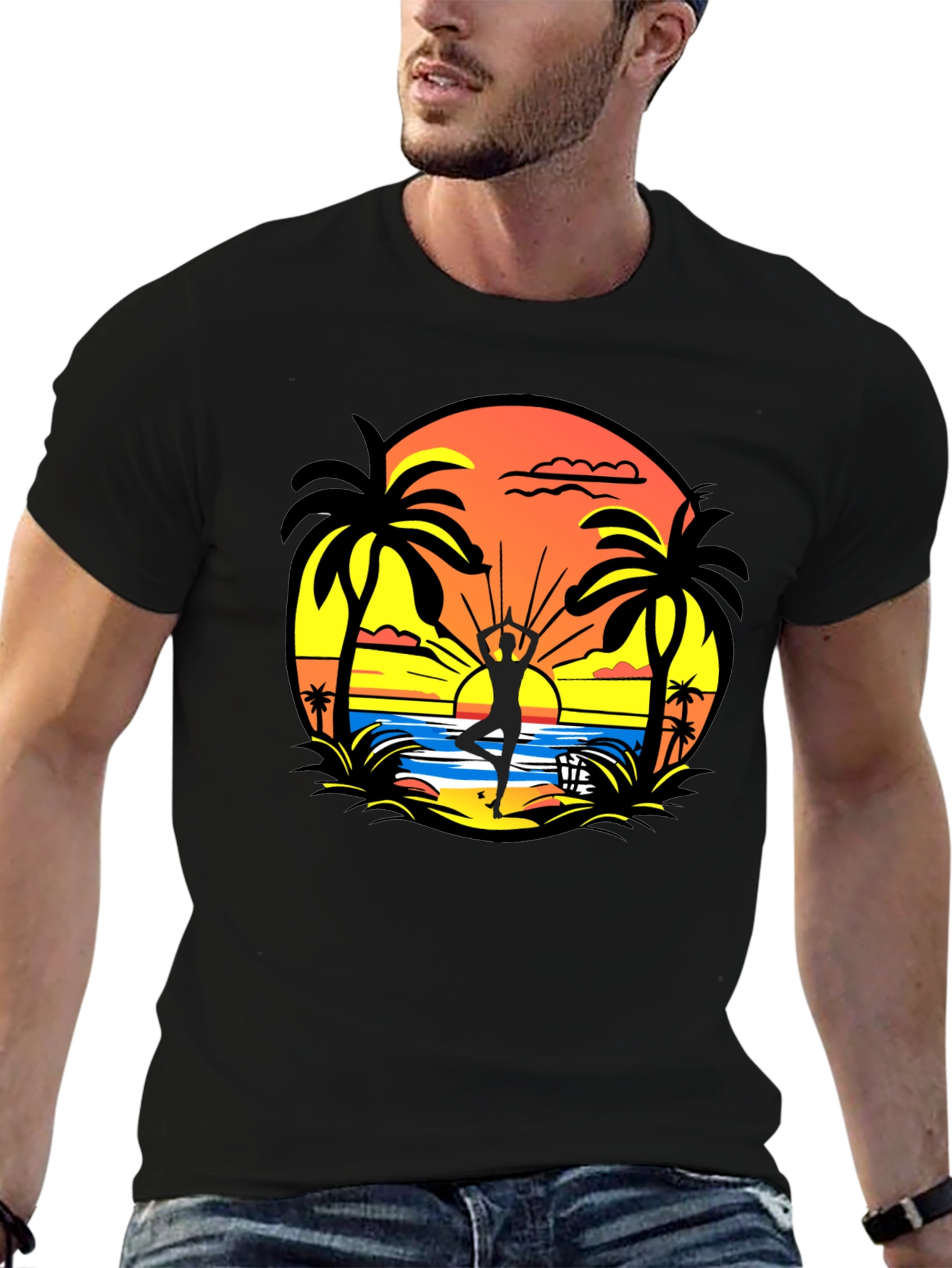 Sunset Beach Yoga Black T-Shirt