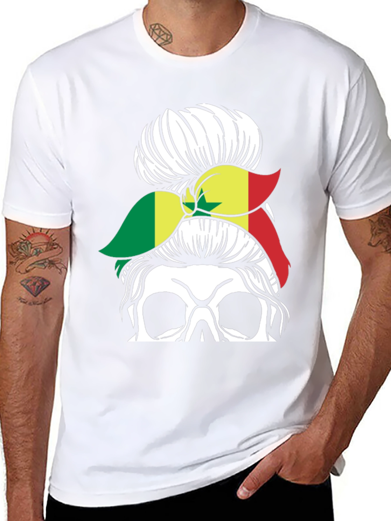 Skull Messy Bun Senegal Flag T-Shirt