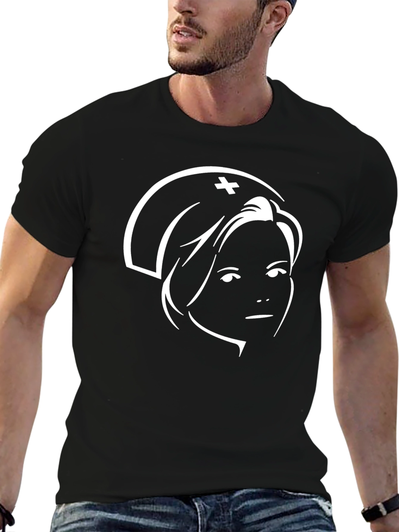 Nurse Portrait Graphic Tee - Black Cotton T-Shirt