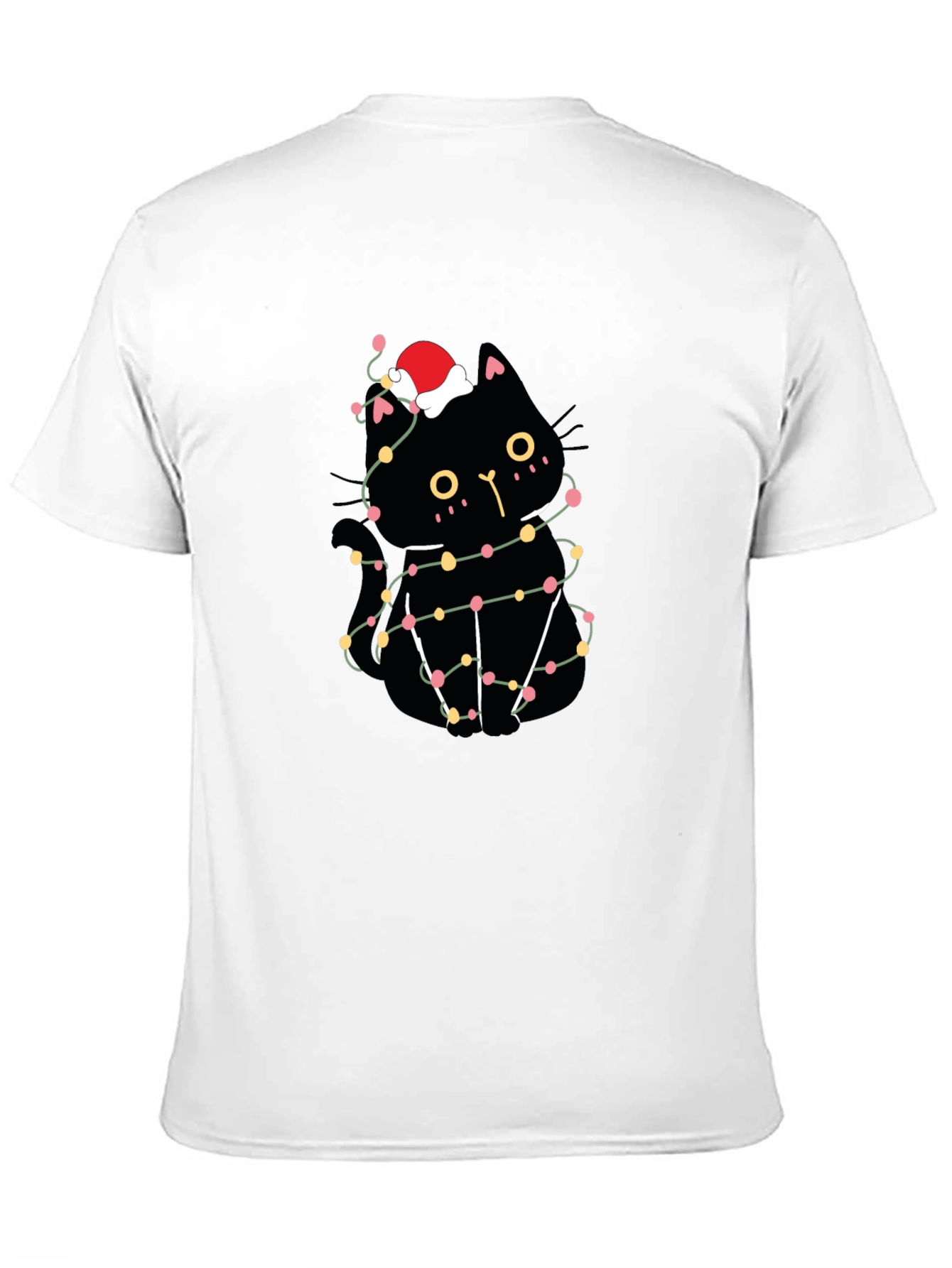 Christmas Cat T-Shirt Black Santa Hat Lights Cute Festive