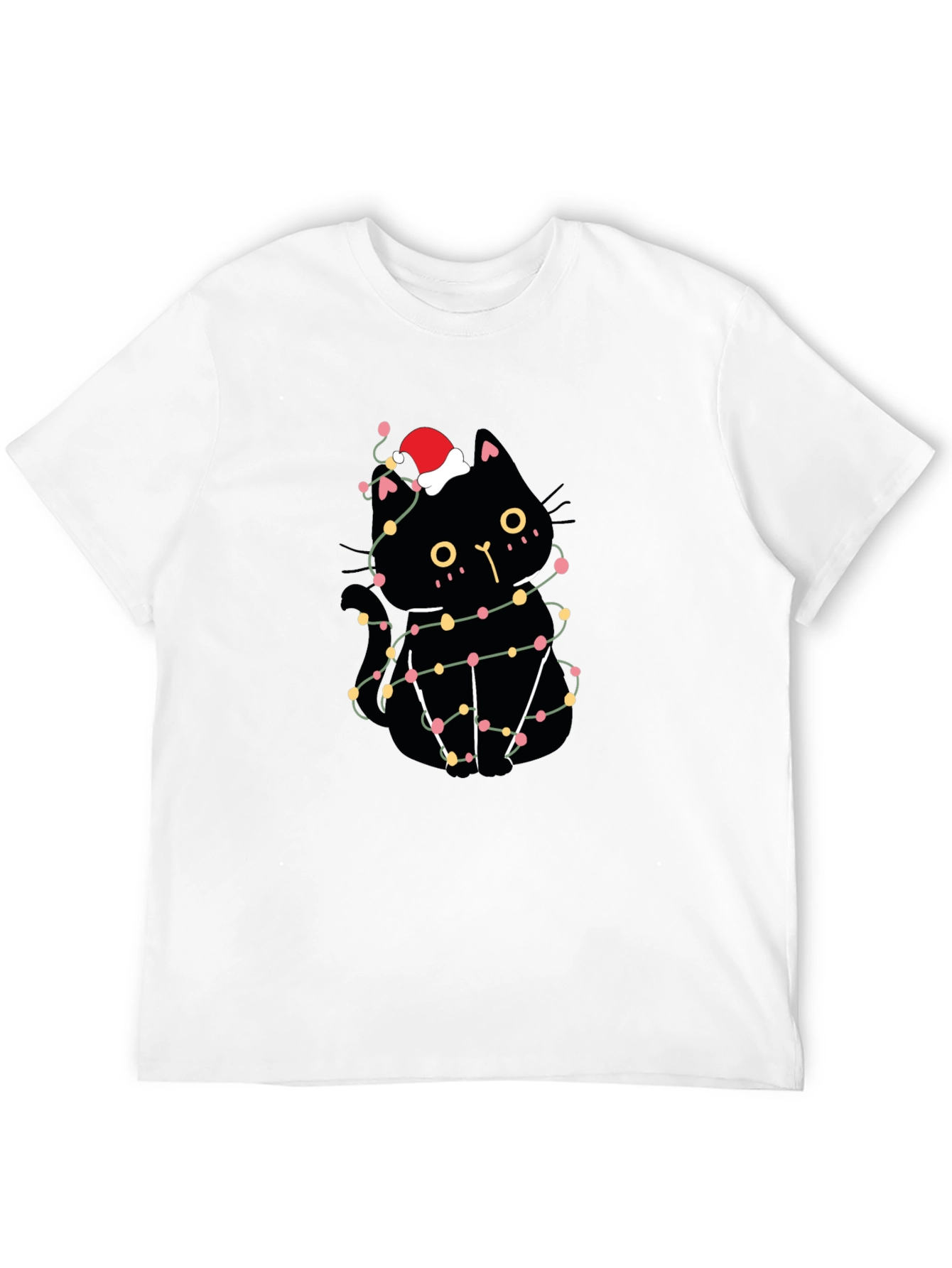 Christmas Cat T-Shirt Black Santa Hat Lights Cute Festive