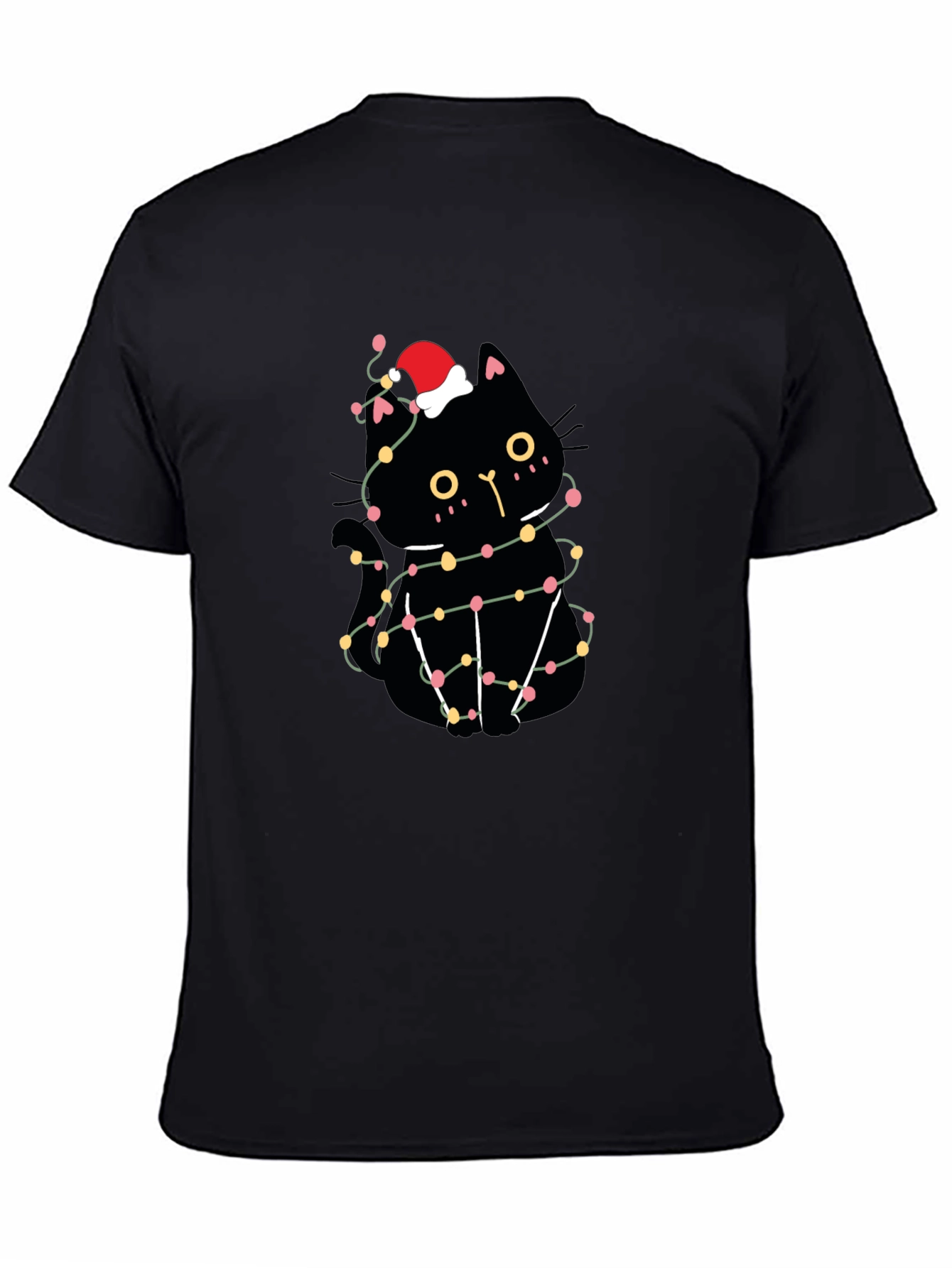 Christmas Cat T-Shirt Black Santa Hat Lights Cute Festive