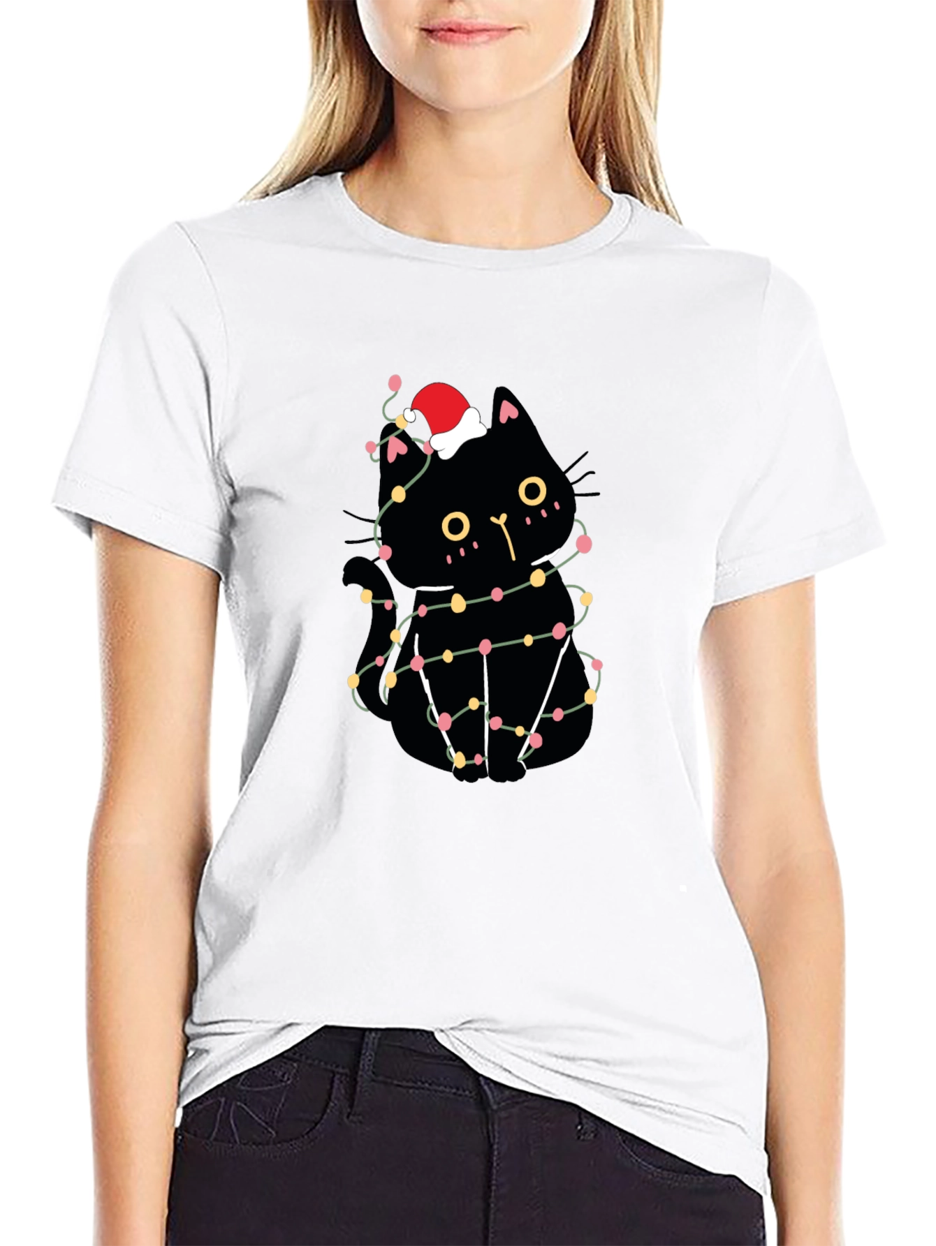 Christmas Cat T-Shirt Black Santa Hat Lights Cute Festive