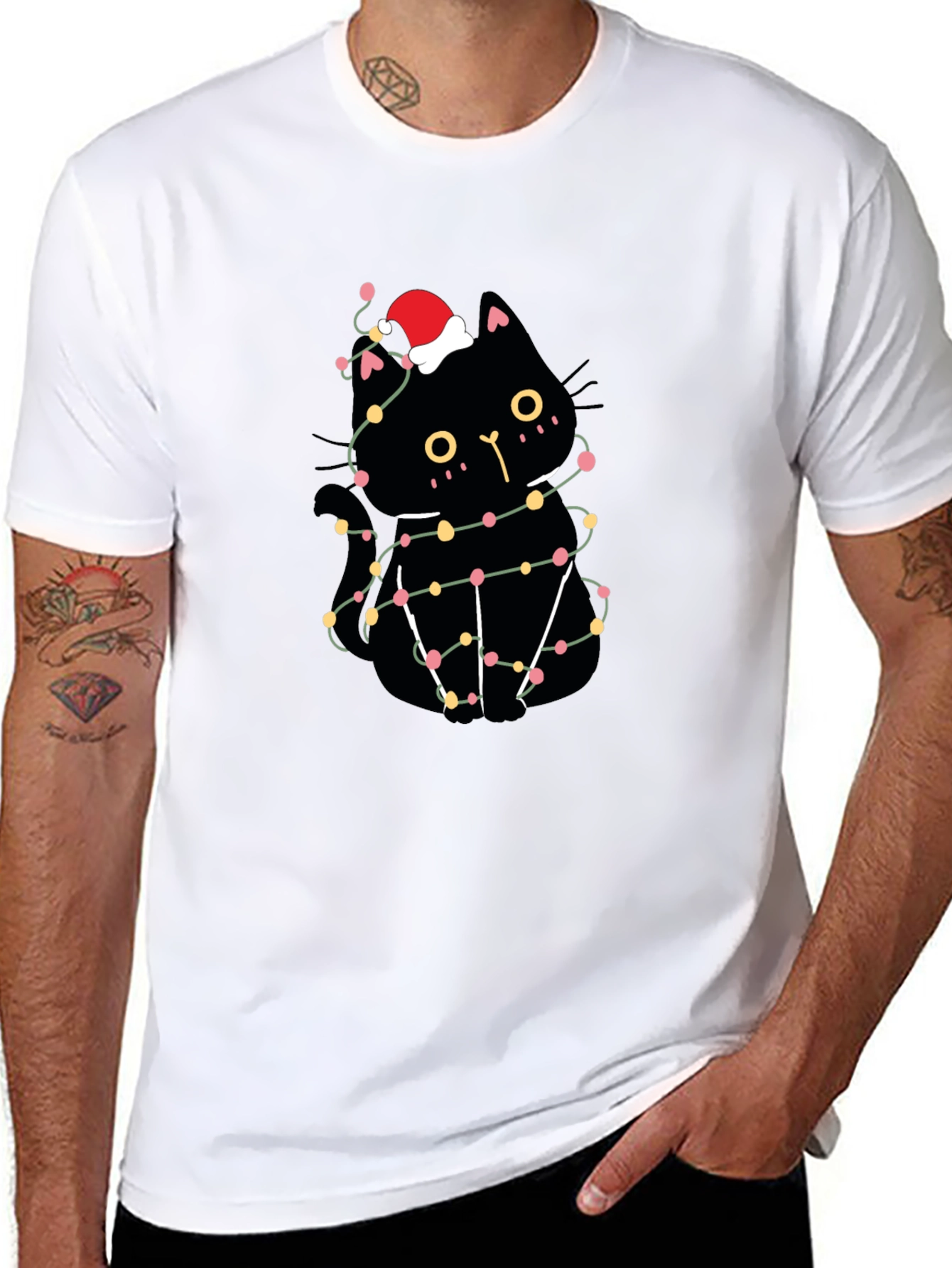 Christmas Cat T-Shirt Black Santa Hat Lights Cute Festive