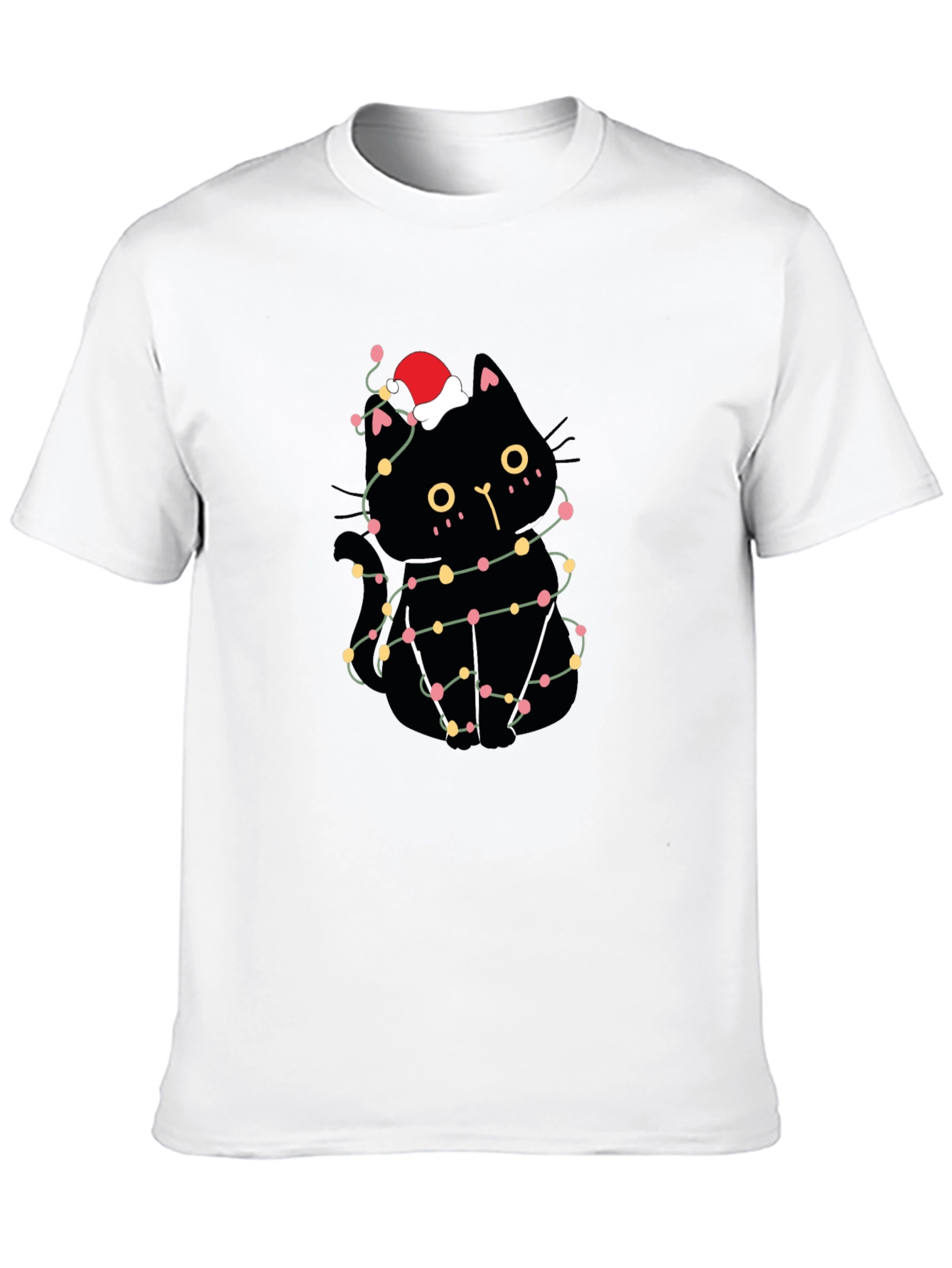 Christmas Cat T-Shirt Black Santa Hat Lights Cute Festive