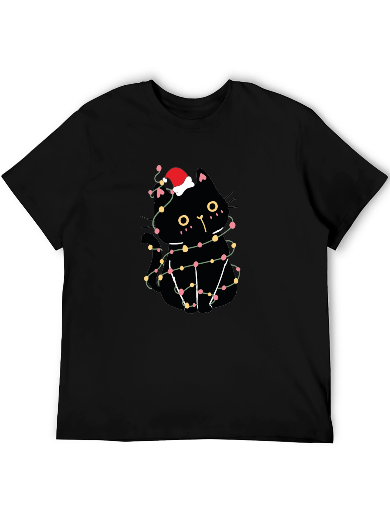 Christmas Cat T-Shirt Black Santa Hat Lights Cute Festive