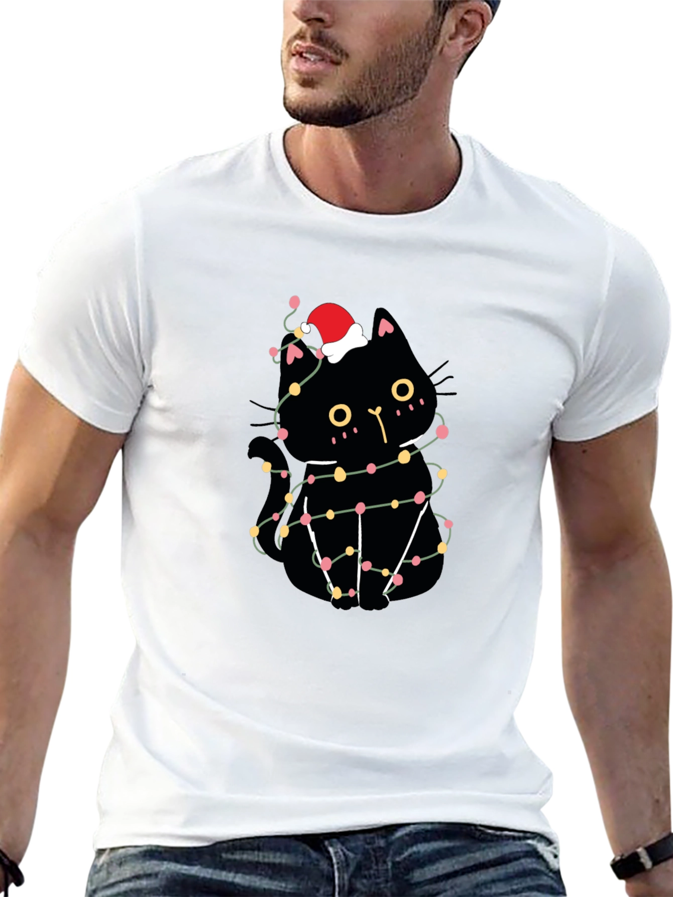 Christmas Cat T-Shirt Black Santa Hat Lights Cute Festive
