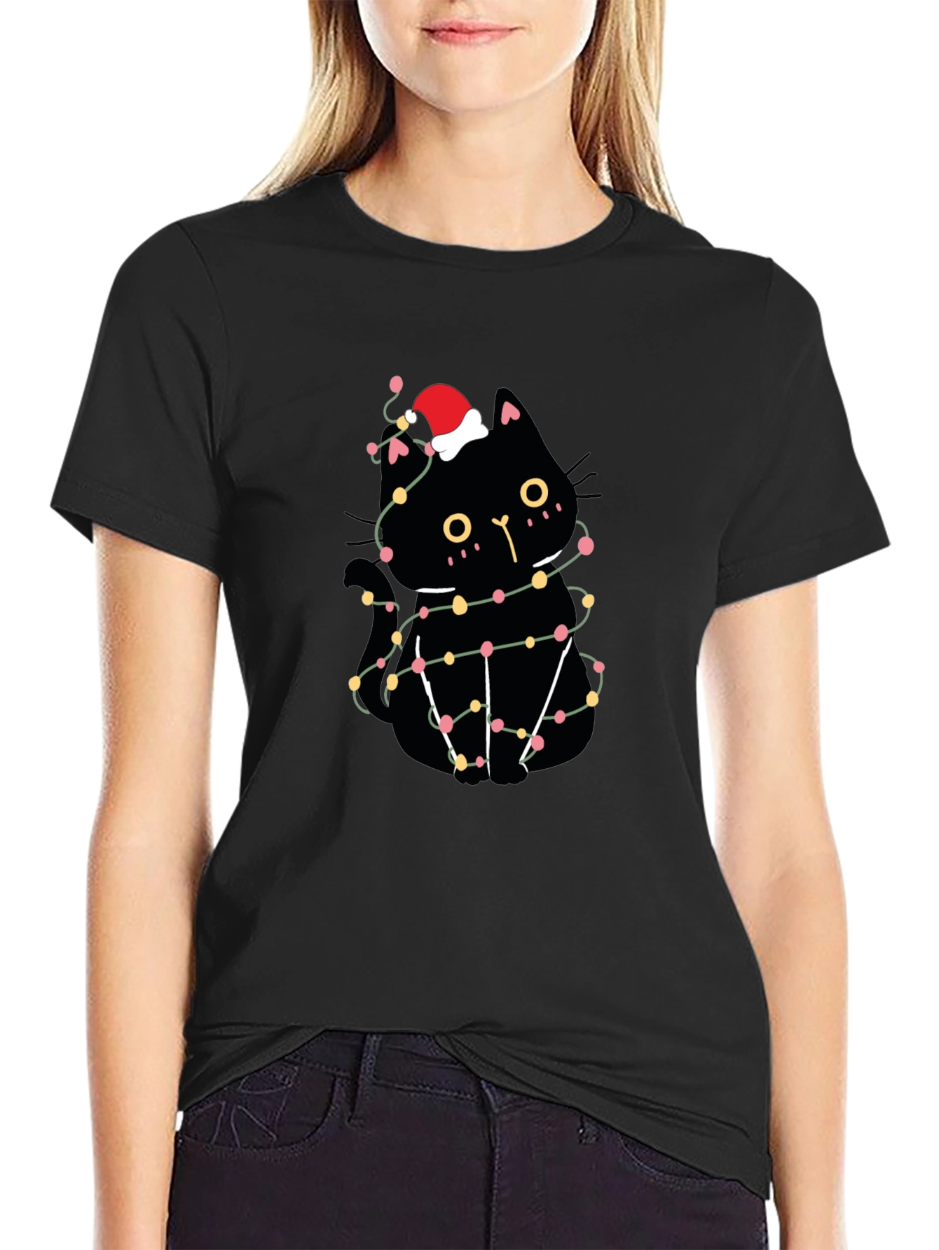 Christmas Cat T-Shirt Black Santa Hat Lights Cute Festive