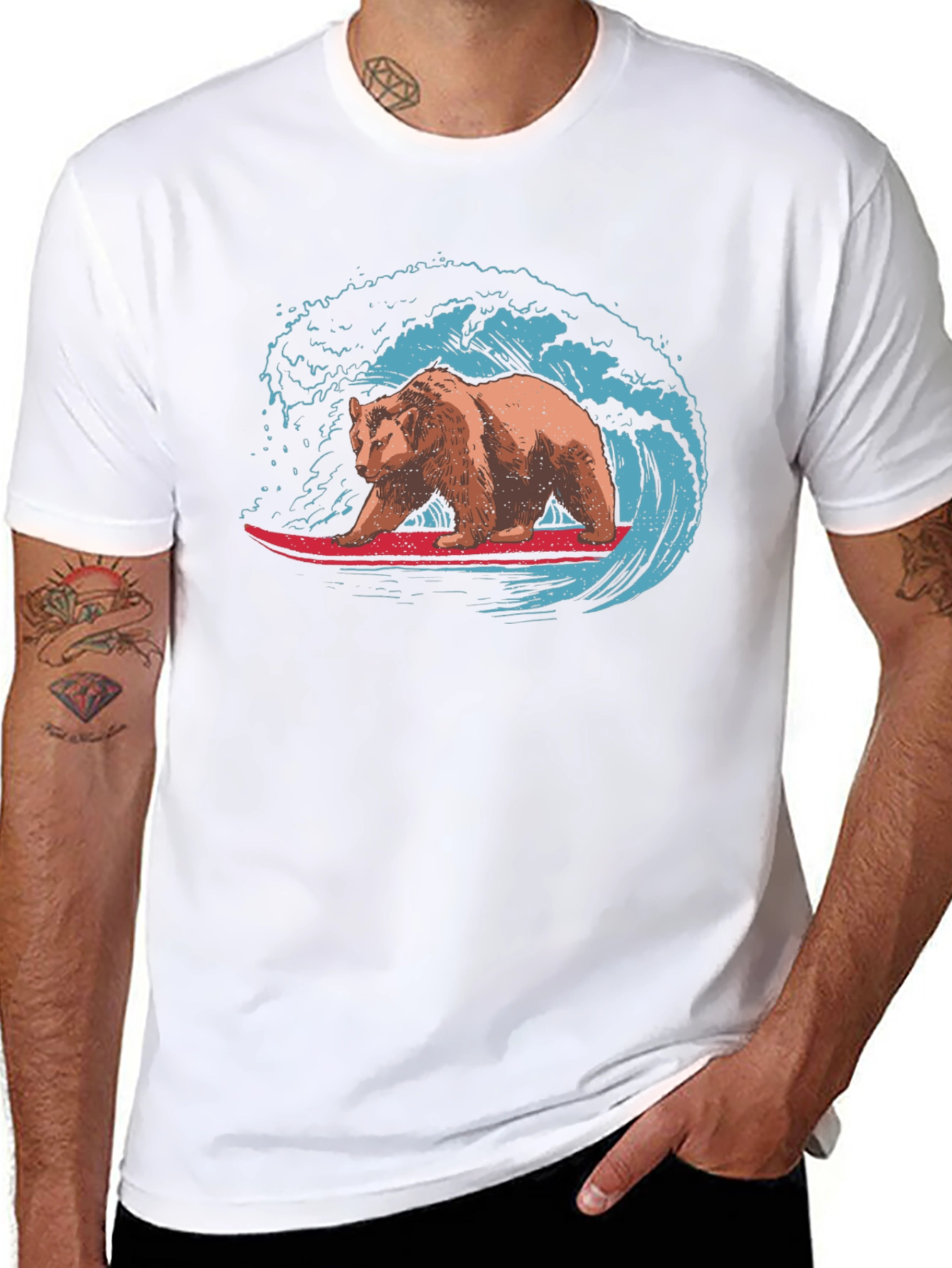 Surfing Bear Graphic Tee - Black Cotton T-Shirt
