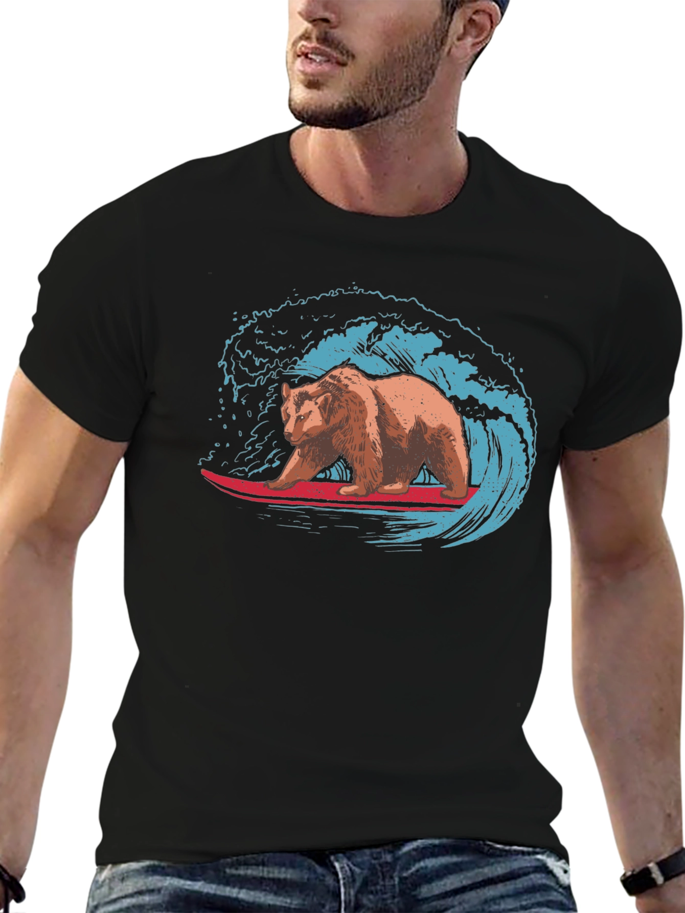 Surfing Bear Graphic Tee - Black Cotton T-Shirt
