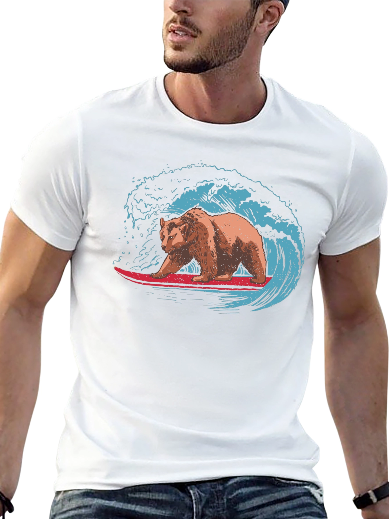 Surfing Bear Graphic Tee - Black Cotton T-Shirt