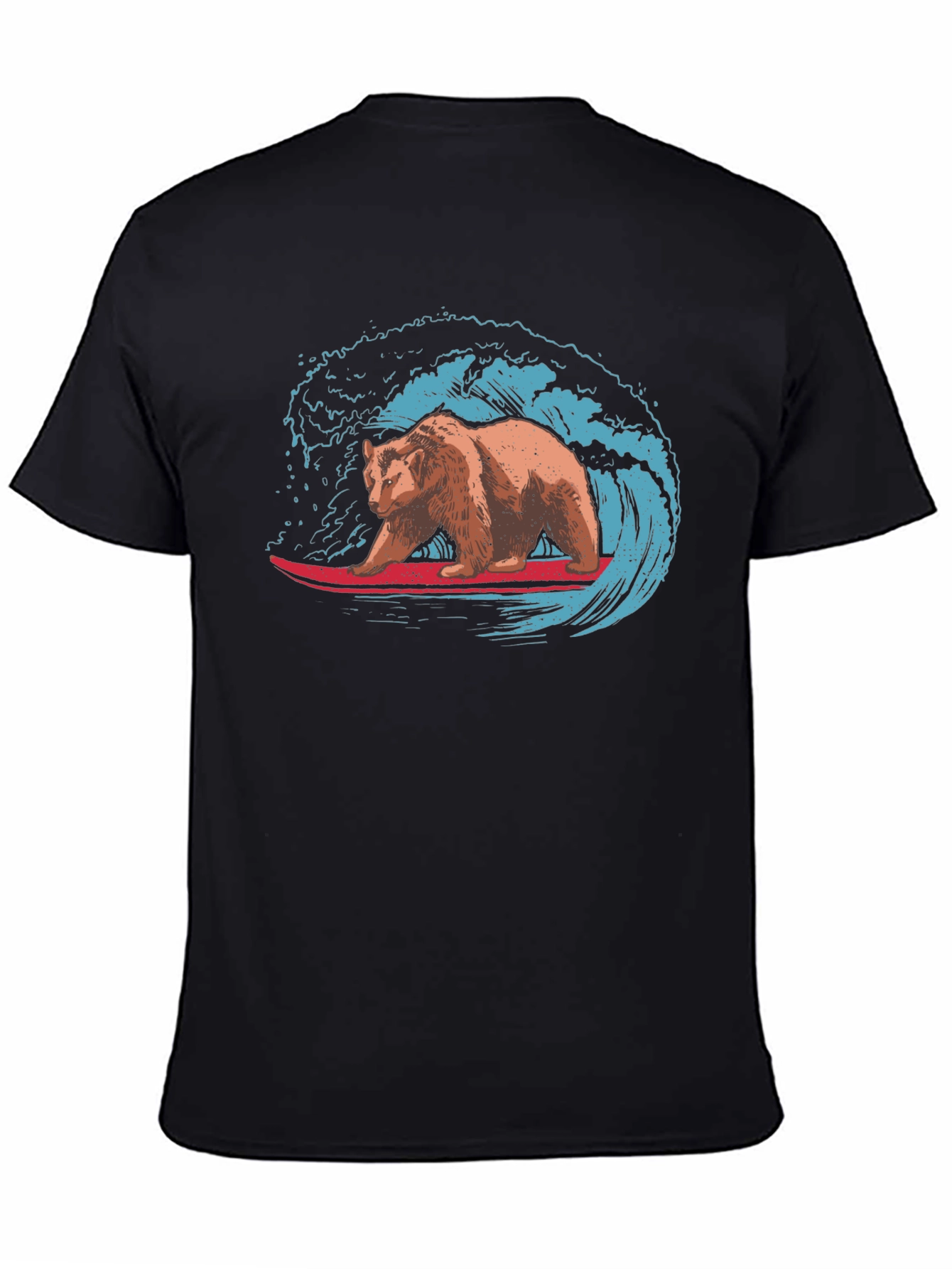 Surfing Bear Graphic Tee - Black Cotton T-Shirt