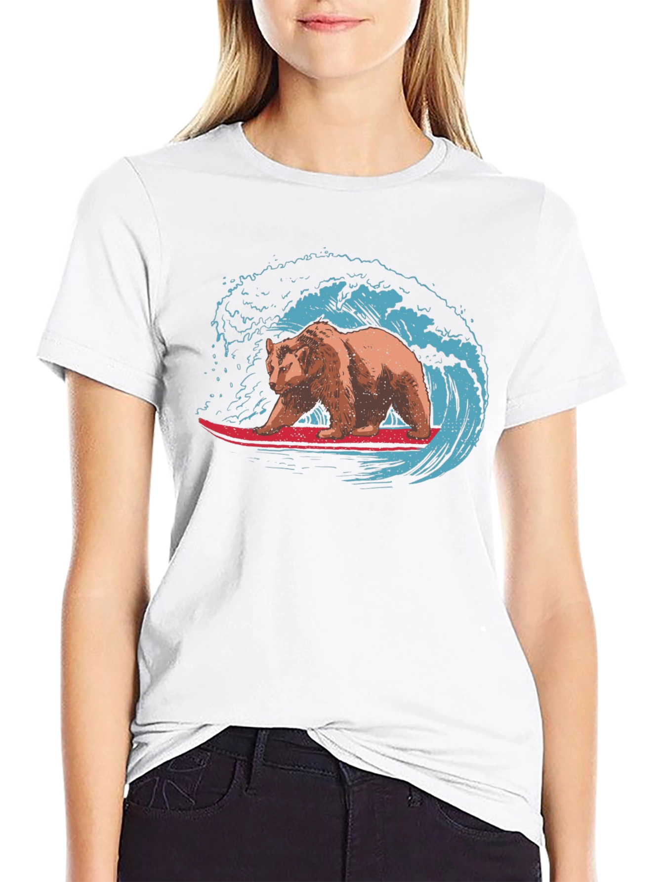 Surfing Bear Graphic Tee - Black Cotton T-Shirt