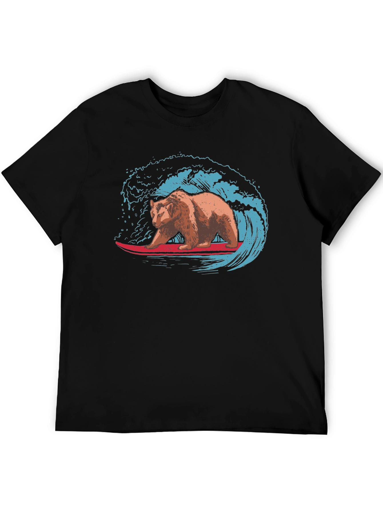 Surfing Bear Graphic Tee - Black Cotton T-Shirt