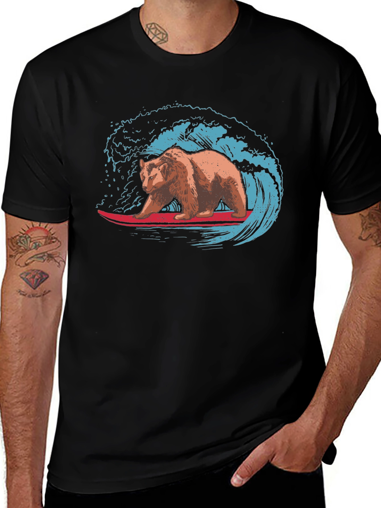 Surfing Bear Graphic Tee - Black Cotton T-Shirt