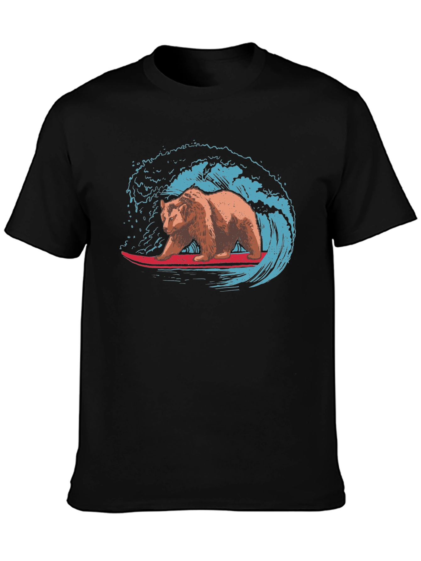 Surfing Bear Graphic Tee - Black Cotton T-Shirt