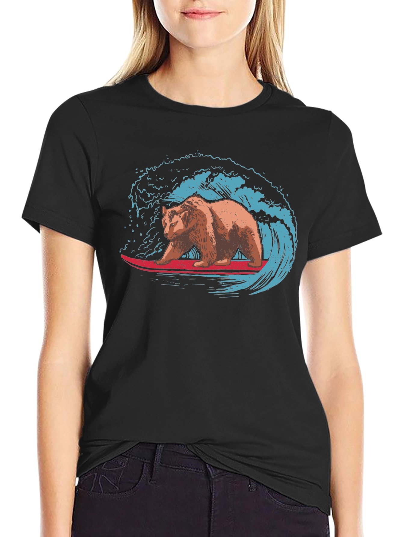 Surfing Bear Graphic Tee - Black Cotton T-Shirt